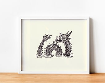 Art Print for Wall Decor Sea Dragon Wall Art Linocut Print for Gallery Wall - Medieval Fantasy Room Decor