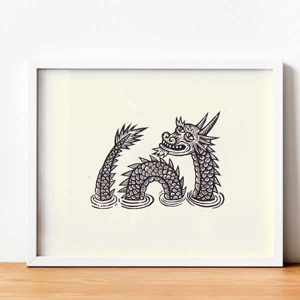 Art Print for Wall Decor Sea Dragon Wall Art Linocut Print for Gallery Wall - Medieval Fantasy Room Decor