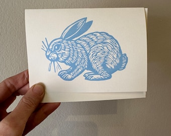 Easter Card - Rabbit Linocut Blank Greeting Card - Animal Greeting Card - Blank Note Card - Rabbit Note Card - Hand Printed Linocut  Card