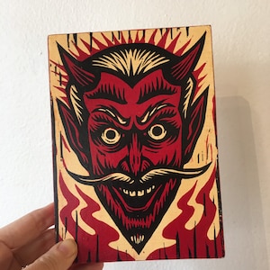 Devil Art - Horror Home Decor - Devil Linocut Art Print on Wood - Small 5x7 Wall Decor - Halloween Gift - Goth Decor - Witchy Art - Occult