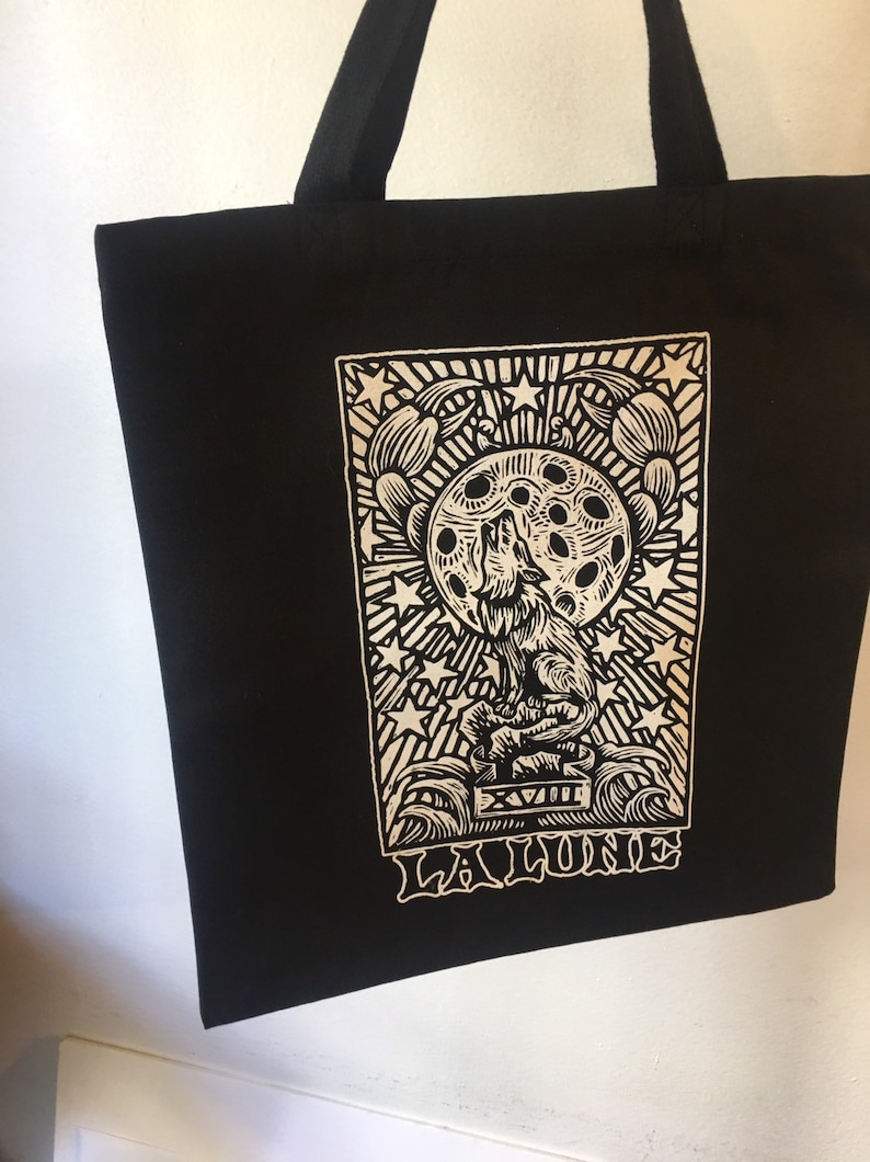La Lune Black Canvas Tote Occult Art Goth Tote Bag Moon Tarot Card Black Tote Back Punk Tote