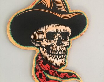 Dead Cowboy Skull Art - Woodcut Print on Wood Cutout