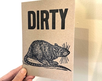 Dirty Rat Postcard - Letterpress Typeset - Hand Printed Linocut Art - 5x7 Chipboard Postcard