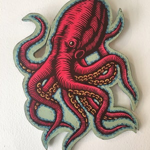 Octopus Wall Art for Bathroom Home Decor - Octopus Art Print on Wood - Ocean Animal Art for Beachhouse