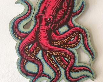 Arte de pared de pulpo para decoración del hogar del baño - Impresión de arte de pulpo en madera - Arte animal del océano para casa de playa