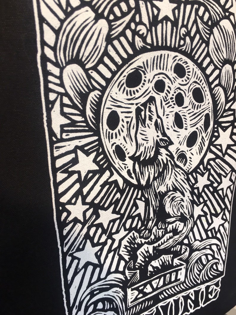 La Lune Black Canvas Tote Occult Art Goth Tote Bag Moon Tarot Card Black Tote Back Punk Tote