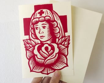 Verpleegkundige waardering cadeau wenskaart - Retro Tattoo stijl verpleegster wenskaart - verpleegster met Rode Kruis en Rose boekdruk kaart - verpleegster Gift