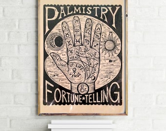 Palmistry Woodcut - Art for Home Gallery Wall Goth Home Decor - Witchy Wall Art Palm Reading Chart 18x24 Woodcut Print