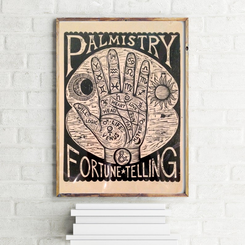Art for Home Gallery Wall Goth Home Decor Witchy Wall Art Palm Reading Chart 18x24 Woodcut Print image 2