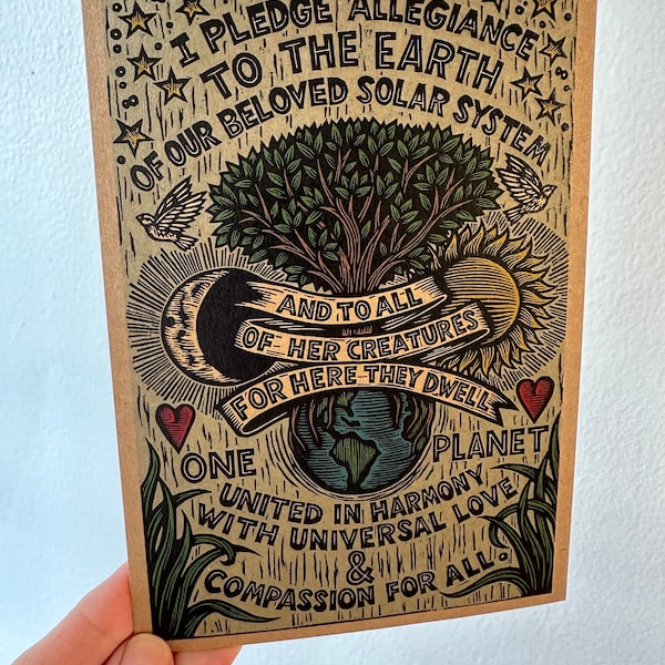 Earth Day Card - Earth Allegiance Pledge Kraft Postcard - Environmental Justice Art