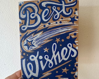 Gefeliciteerd wenskaart - Beste wensen Vallende ster Linosnede boekdruk wenskaart