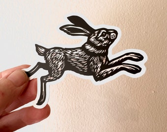 Rabbit Sticker -  Springtime Gift - Stickers for Waterbottles - Laptop Stickers - Animal Lover Stickers - Leaping Hare Linocut Art