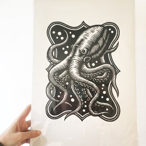 Original Art Octopus Woodcut Print- Weird Home Decor - Octopus Art Print - Ocean Animal Print - Linocut Wall Art - Black and White Art Print