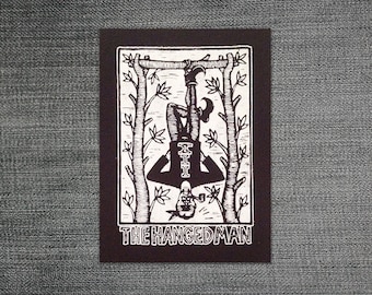 Opnaaien stoffen patch voor jeansjack - gehangen man tarotscherm gedrukt op stof punkpatch - zwarte stof naaien patch