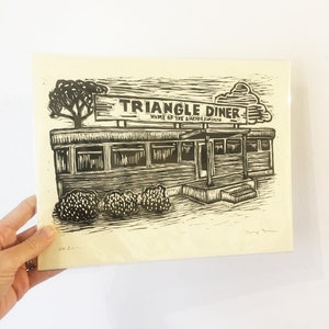 Stampa linoleografica retrò di Triangle Diner, Winchester Virginia, 8,5x11 Wall Art per cucina o ristorante