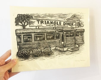 Art for Restaurant or Kitchen Wall Decor - Triangle Diner Winchester Virginia - 8.5x11 inch Linocut Print - 50's Diner Art