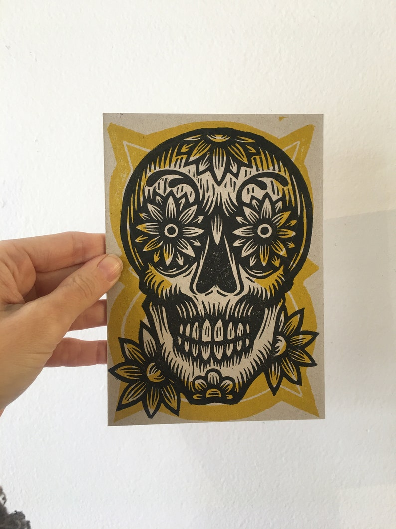 Day of the Dead Skull with Flowers Letterpress 5x7 Postcard Single or Set of Postcards image 3