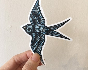Blue Bird Sticker for Waterbottle, Bird Sticker for Laptop, Bird Sticker for Car, Blue Swallow Bird Die-cut Sticker, Tattoo Style Sticker