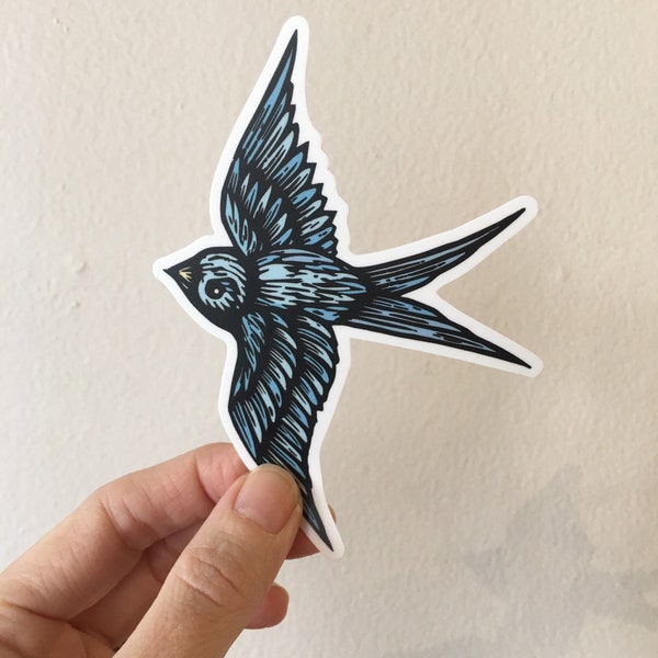 Blue Bird Sticker for Waterbottle, Bird Sticker for Laptop, Bird Sticker for Car, Blue Swallow Bird Die-cut Sticker, Tattoo Style Sticker