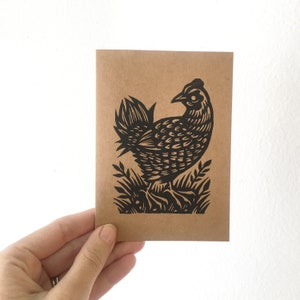 Carte de voeux linogravure poulet - carte papier kraft imprimée à la main - cartes animaux - jeux de cartes pliées vierges