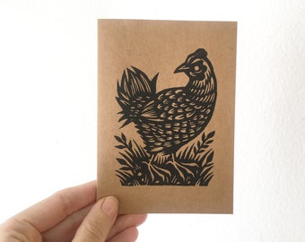 Chicken Linocut Greeting Card - Hand Printed Kraft Paper Card - Animal Notecards - Blank Folded Notecard Sets