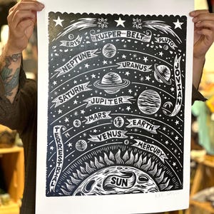Zonnestelselkunst - planeten kunstposter - astronomiekunst - planetaire grafiek - kinderkamerdecor - woondecoratie - wetenschapscadeau - houtsnede wordt afgedrukt