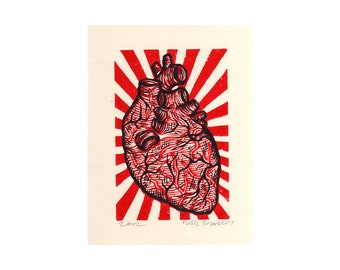 Gift for Paper Anniversary - Gift for Doctor - Anatomical Heart Linocut Art Print for Home Gallery Wall