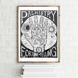 Art for Home Gallery Wall Goth Home Decor Witchy Wall Art Palm Reading Chart 18x24 Woodcut Print image 1