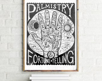 Art for Home Gallery Wall Goth Home Decor - Witchy Wall Art Palm Reading Chart 18x24 Woodcut Print