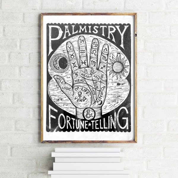 Art for Home Gallery Wall Goth Home Decor - Witchy Wall Art Palm Reading Chart 18x24 Woodcut Print