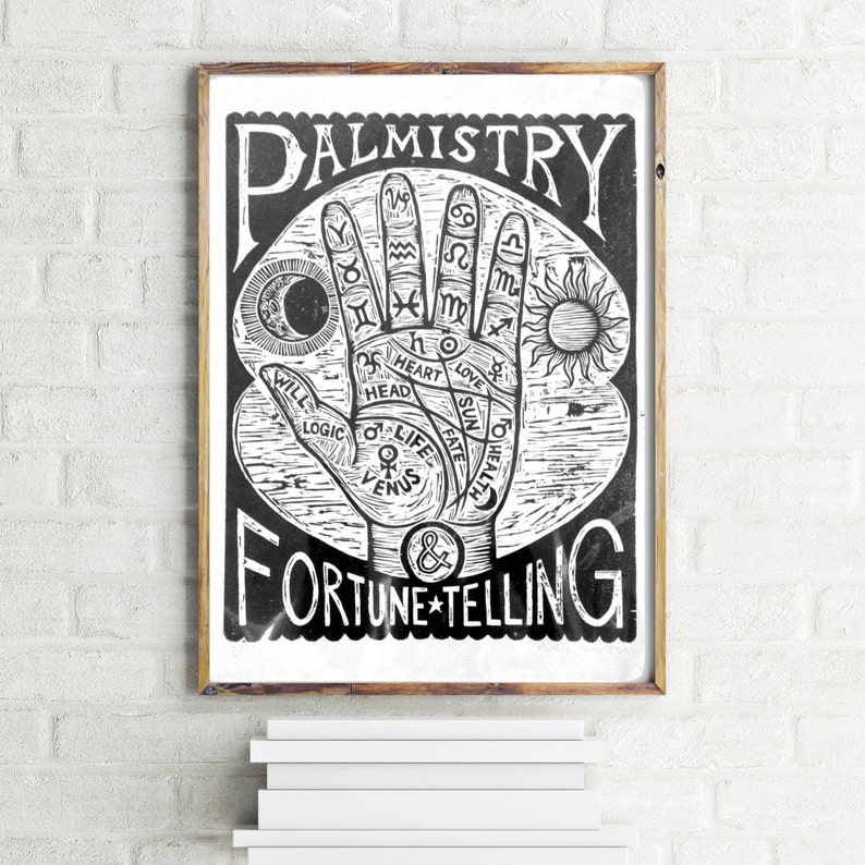 Art for Home Gallery Wall Goth Home Decor Witchy Wall Art Palm Reading Chart 18x24 Woodcut Print image 1