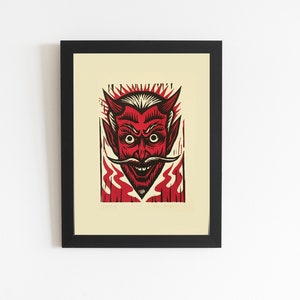 Devil Art - Eclectic Decor - Goth Decor - Red Devil Linocut Art Print  - Retro Tattoo Style Artwork - 8.5x11 Prints - Weirdcore - Horror Art