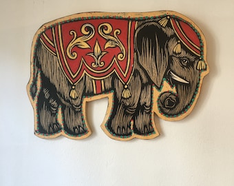 Vintage Circus Elephant Wall Art Print on Wood - Children's Room Wall Decor Elephant Woodcut