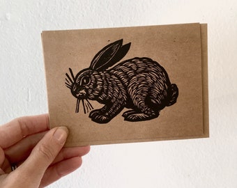 Bunny Rabbit Linocut Greeting Card - Blank Note Cards
