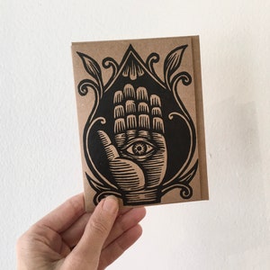 Hamsa ręcznie drukowana linorytowa karta okolicznościowa na papierze Kraft - 4x6 składana kartka na co dzień