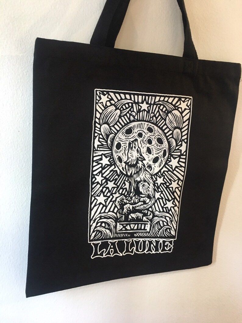 La Lune Black Canvas Tote Occult Art Goth Tote Bag Moon Tarot Card Black Tote Back Punk Tote