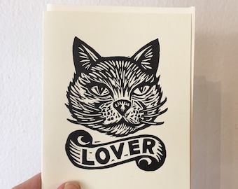 Linocut Cat Lover Greeting Card - Hand Printed Blank Card
