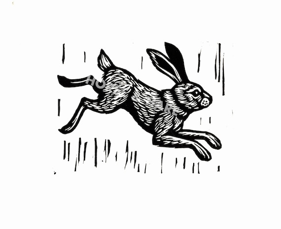 Wood & Linocut Prints Rabbit Running Block Print 5x4 Print Alaska Bunny ...