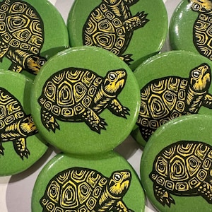 May include: A collection of green round buttons featuring a detailed yellow and black turtle design. The turtle illustration is centered on each button, with the buttons overlapping each other.