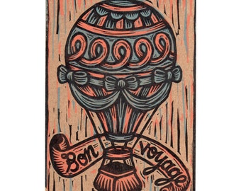 Bon Voyage Postcard, Going Away Postcard, Hot Air Balloon Linocut Letterpress Postcard, Moving Card