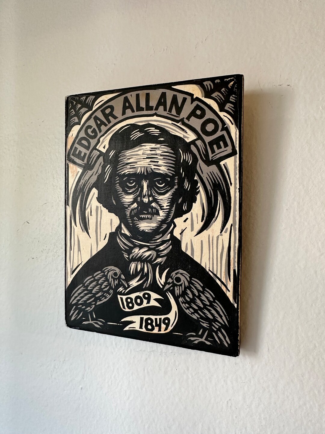 Edgar Alan Poe Art - Linocut Print on Wood - 5x7 Wall Decor - Dark ...
