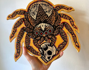 Tarantula Spider Wall Art - Horror Art Spider - Woodcut Print Skull - Gift for Him Horror Art - Punk Home Decor - Goth Home Decor - Spider