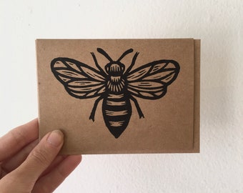 Bee Linocut Greeting Card - Hand Printed Kraft Paper Card - Insect Notecards