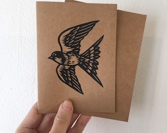 Swallow Bird Linocut Greeting Card - Hand Printed Kraft Paper Card - Bird Notecard - Any Occasion Card - Animal Notecards