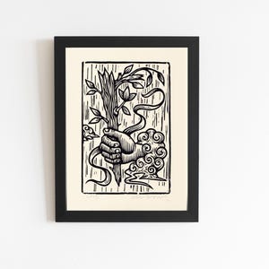 Impression d'art linogravure carte de tarot As de baguettes - 8,5 x 11 - décoration d'intérieur, cadeau gothique rétro