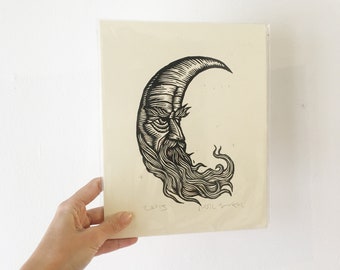 Impressão de Lua Crescente - Homem na Lua Linocut Art 8,5x11 Impressão