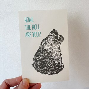 Wolf Art Digitally Printed Paper Postcard - Funny Postcards - Howl the Hell Art You? Linocut Designed Postcard - Cards - Postcards