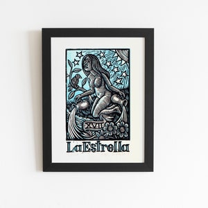 The Star Tarotkaart Linosnede 8,5 x 11 Art Print - La Estrella Art Print - eclectische Home Decor - occulte kunst - waarzeggerij kunst - Tarot kunst