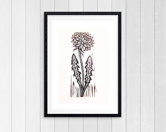 Dandelion Flower Linocut Art Print - Black and White Art - Flower Art - Linocut Print - Nature Art - Rustic Home Decor - 8.5x11 Art Prints