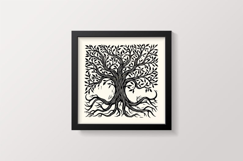 Tree Art Tree of Life Wall Art Linocut Print Square Art 12x12 Inch Wall Art Black and White Home Decor Ornate Tree Artwork image 1